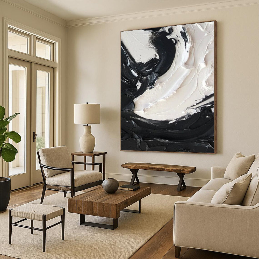 “Swirling Black and White Textures” - Tactile Abstract Painting On Canvas DS385