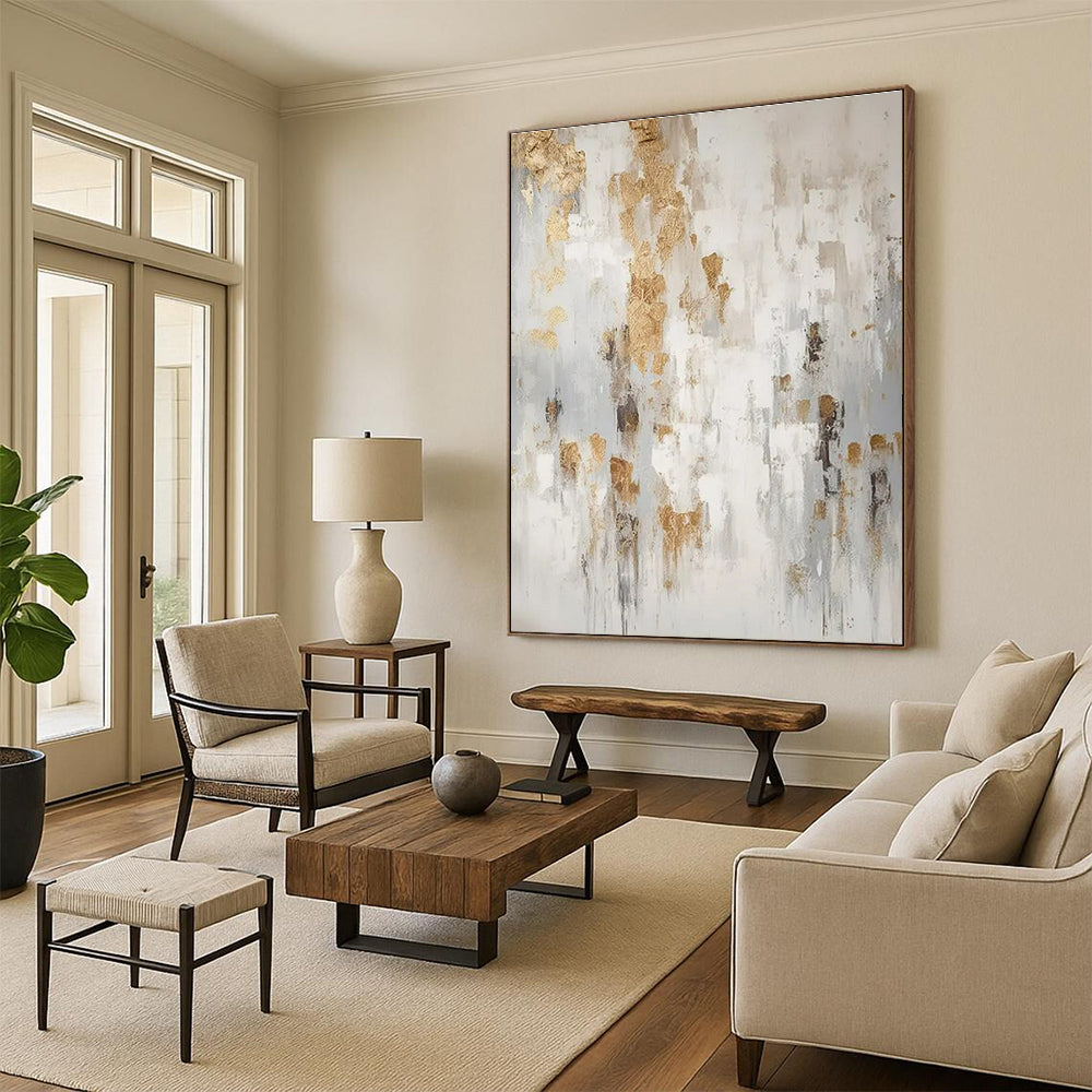 White, Gray & Gold Abstract Splatter "Gilded Mist" Painting On Canvas PS0866