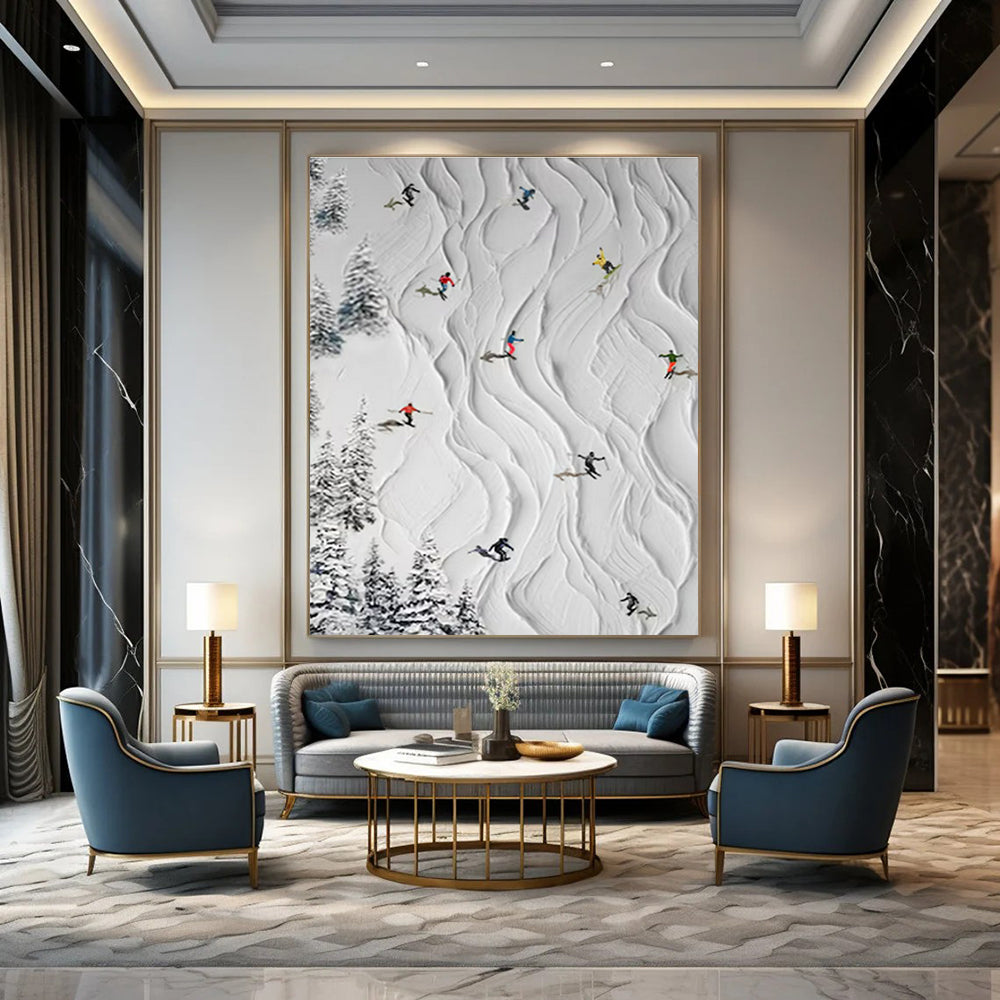 White, Colorful Figures with Textured Snow "Ski Slope Fun" Textured Painting On Canvas PS1401