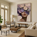 “Purple, Pink, and Beige Floral Face” - Romantic Figurative Painting On Canvas DS329