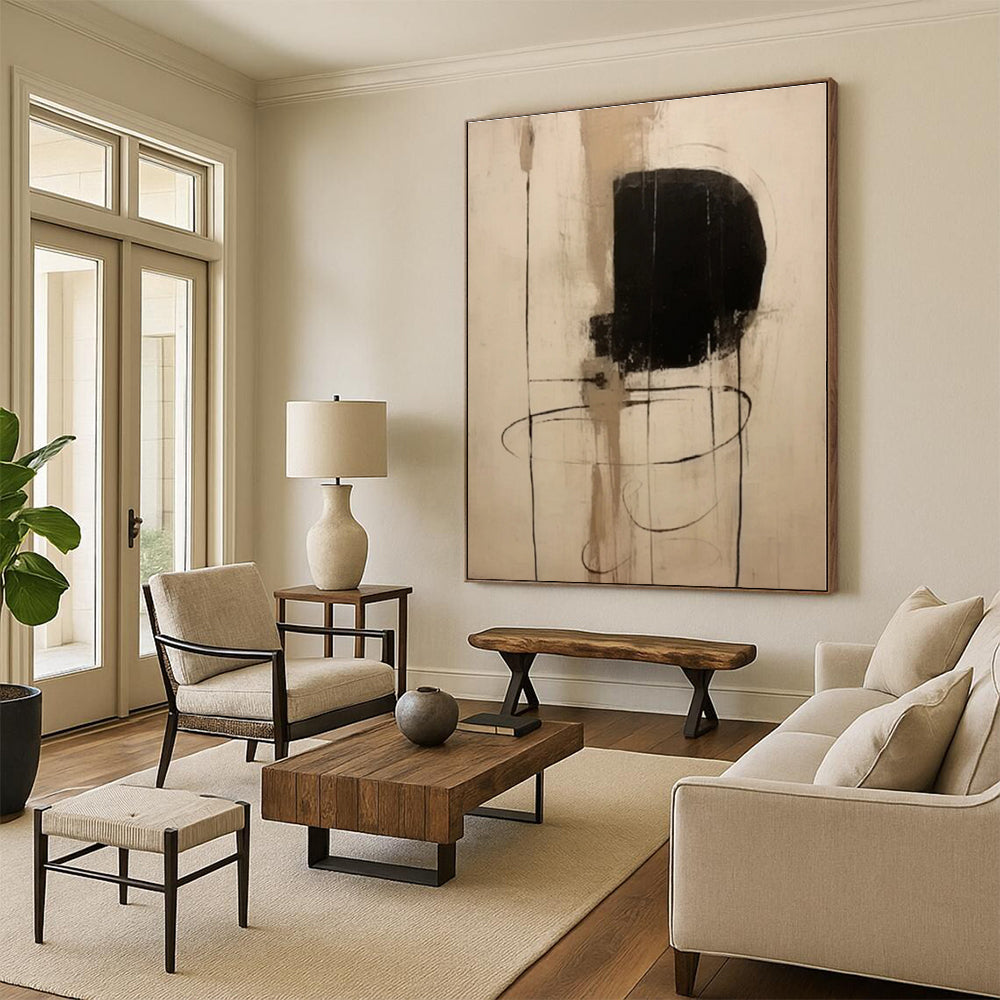 “Black - Beige Linear Abstraction” - Black, Beige Abstract Painting On Canvas PS0526