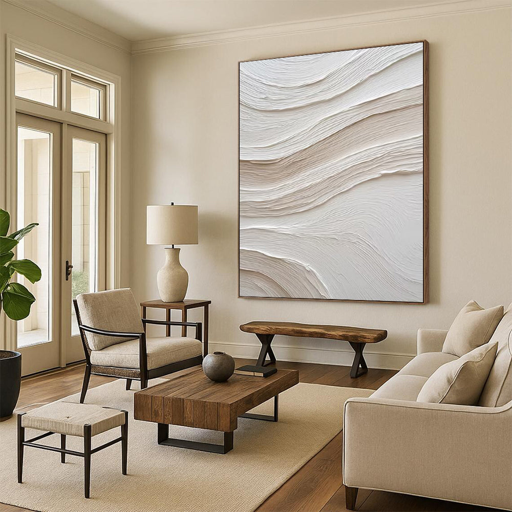 “White - Beige Wave Impasto” - White, Beige Abstract Impasto Painting On Canvas PS0722