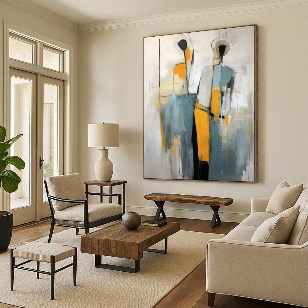 “Abstract Gray - Yellow Human Forms” - Figurative Abstract Painting On Canvas PT1880