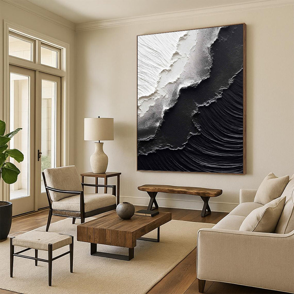 “Black & White Textured Abstraction” - Minimalist, Textural Painting On Canvas PT1475