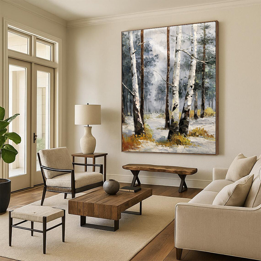 “White - Brown Winter Birch Forest” - Impressionist Landscape Painting On Canvas PT1276