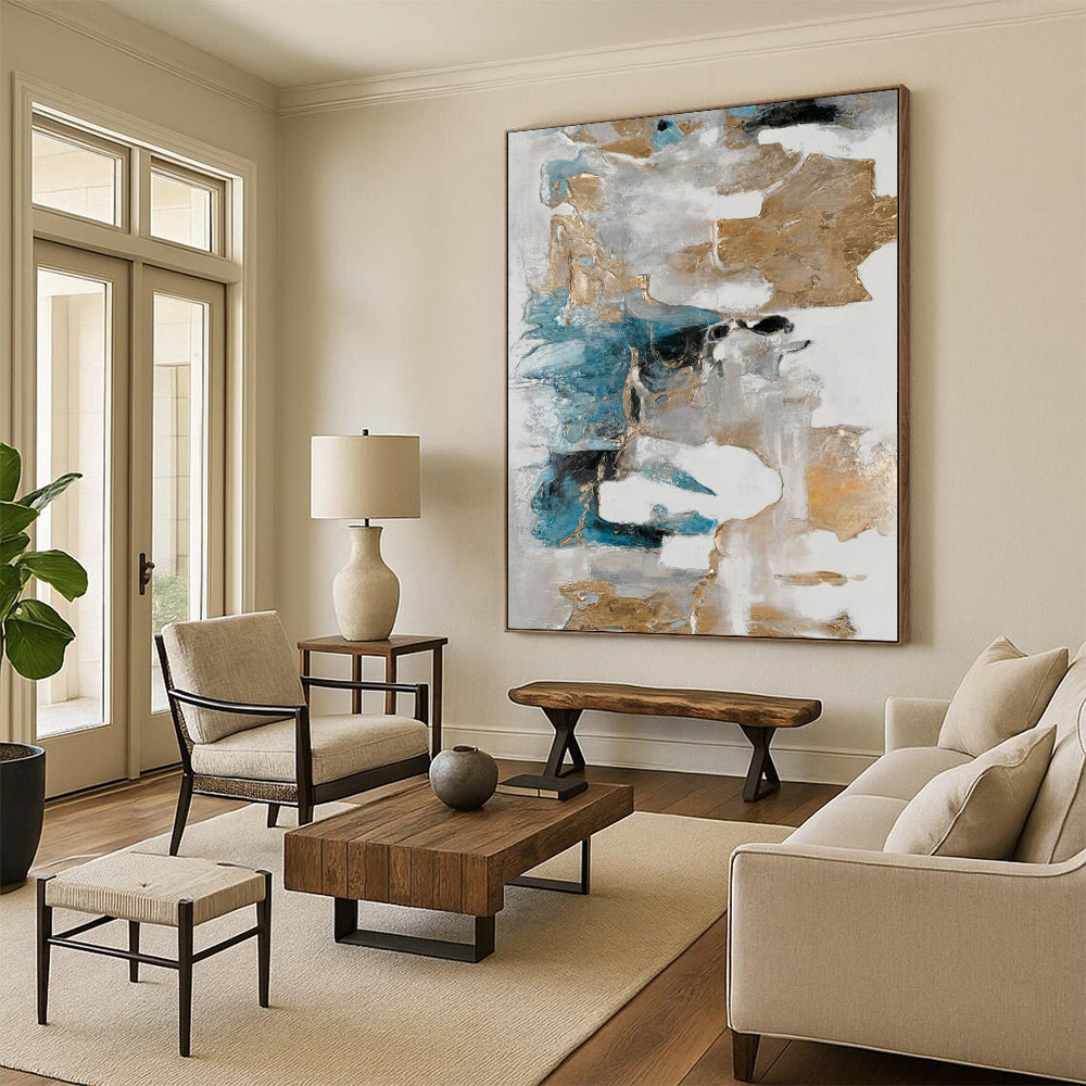 “Blue, Gray, and Gold Abstract” - Minimalist Abstract Painting On Canvas PT2245