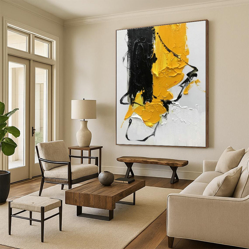 “Black - Yellow Textured” - Black, Yellow Abstract Textured Painting PS0606