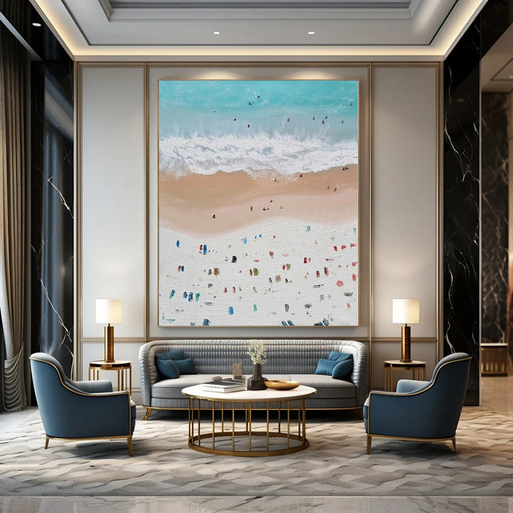 Blue, White, Beige and Colorful Dots "Beach Carnival" Impressionistic Abstract Painting On Canvas PS1131