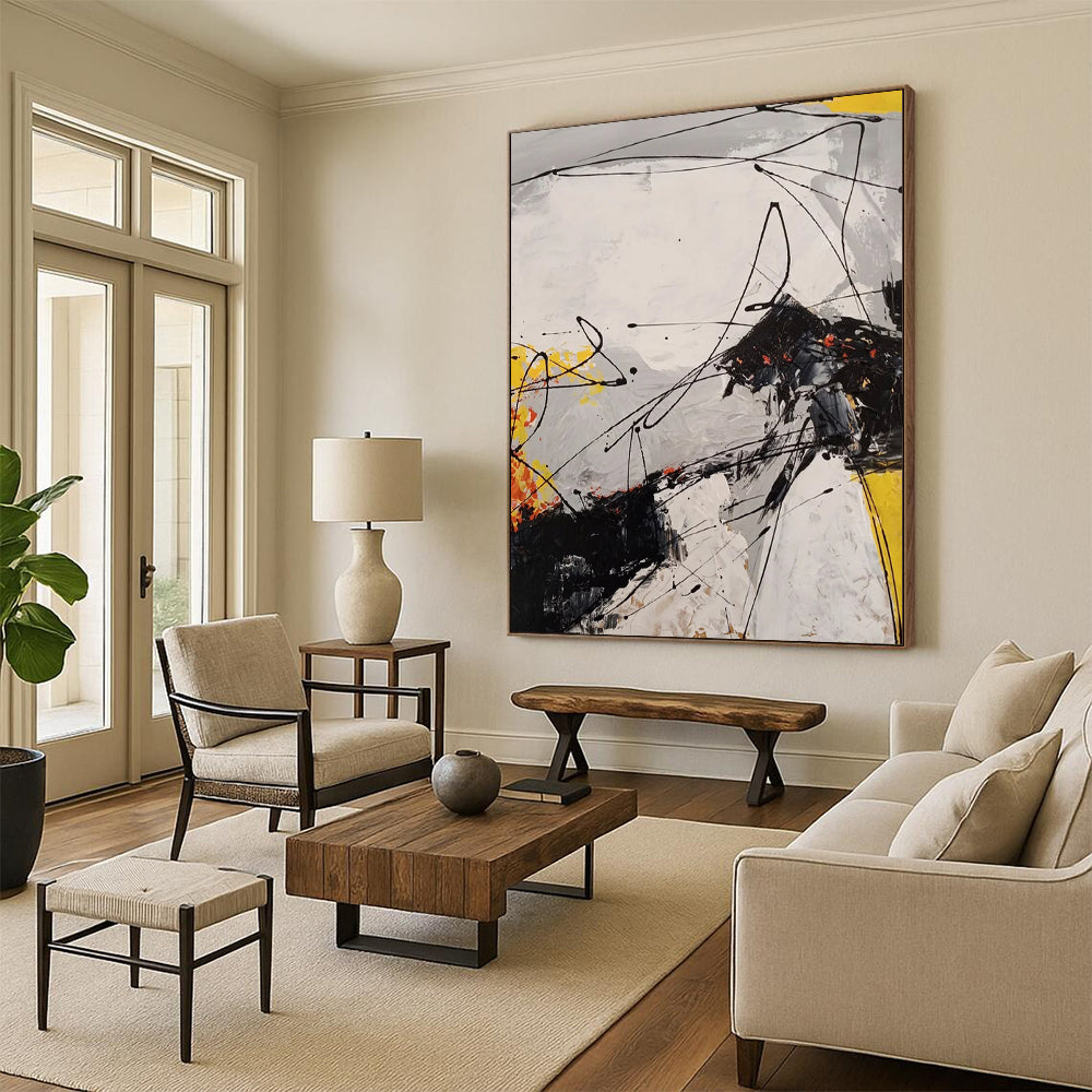 Black - White - Yellow - Orange Energetic Drips Abstract Expressionist Painting On Canvas DS054