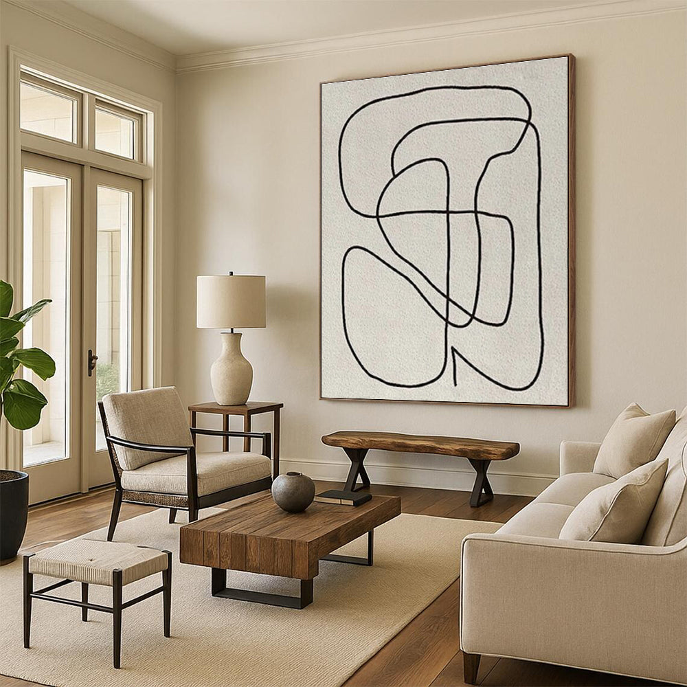 “Continuous Black Line Drawing” - Black, Beige Abstract Line Art Painting On Canvas PS0682