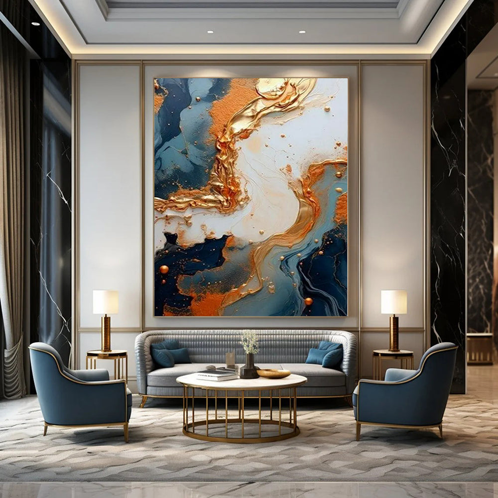Blue and Gold Fluid Art - Swirling Metallic Patterns Painting On Canvas PS1216
