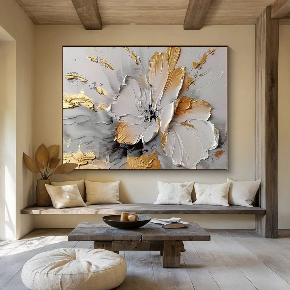 Gilded Bloom - Textured Floral Acrylic Painting, Suited for Dining Room & Entryway DKS677
