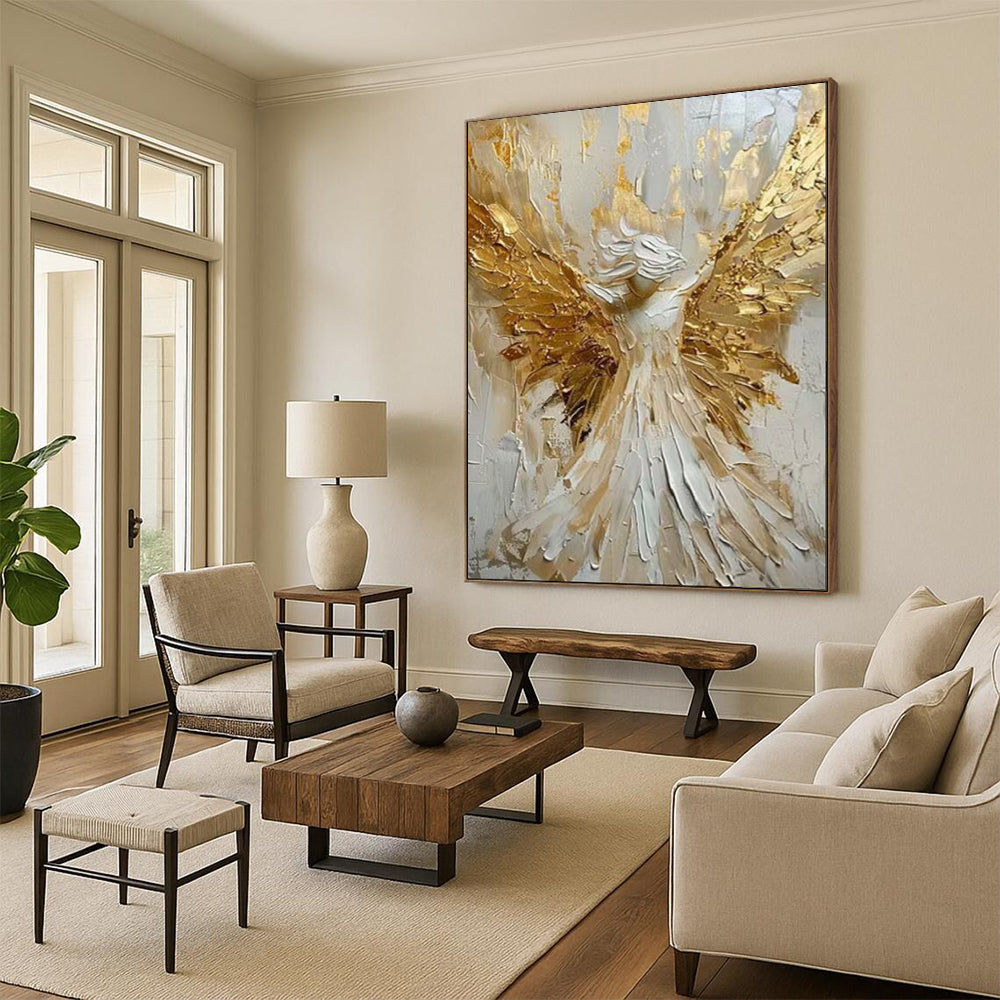 “Textured Angel with Golden Wings” - Impasto Figurative Painting On Canvas PT1908
