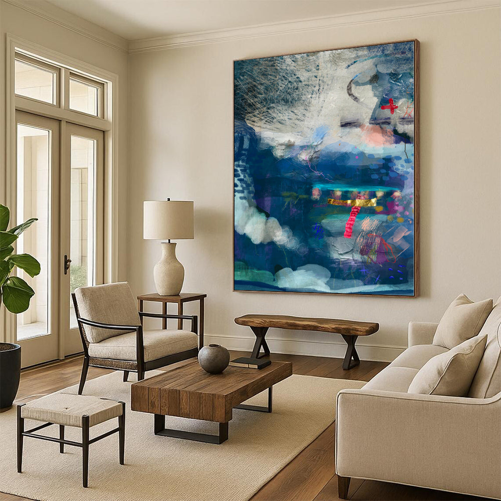 “Blue - Toned Collage Abstract” - Mixed - Media Abstract Painting On Canvas PS0095