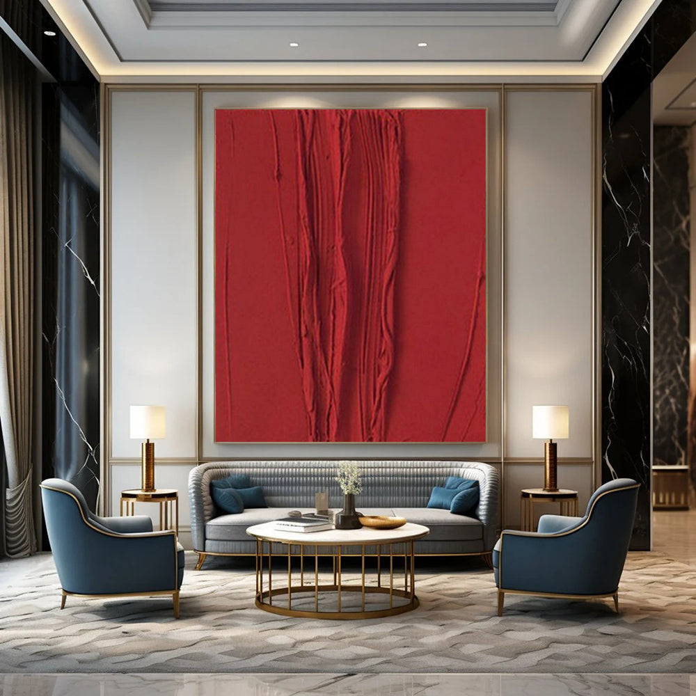 Textured Red Vertical Ridges "Crimson Currents" Relief Sculpture On Canvas PS1071