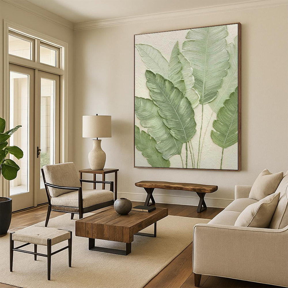 “Textured Green Leaf Relief” - Botanical Textured Painting On Canvas PT1876
