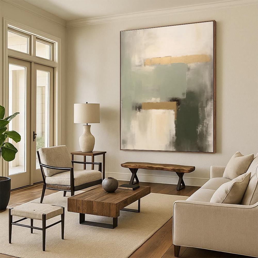 “Green - Gold - Gray Subtle Harmony” - Green, Gold, Gray Abstract Painting On Canvas PS0532