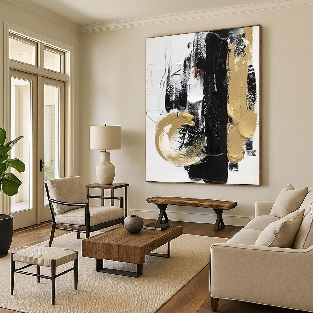“Black & Gold Dynamic” - Bold Strokes & Metallic Accents Painting On Canvas DS146