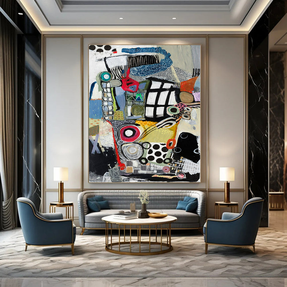 Colorful, Eclectic Shapes with Playful Patterns "Whimsical Mosaic" Abstract Painting On Canvas PS1172