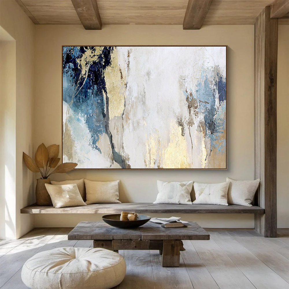 Blue, Gold, and White Abstract Modern Abstract Painting On Canvas DKS128