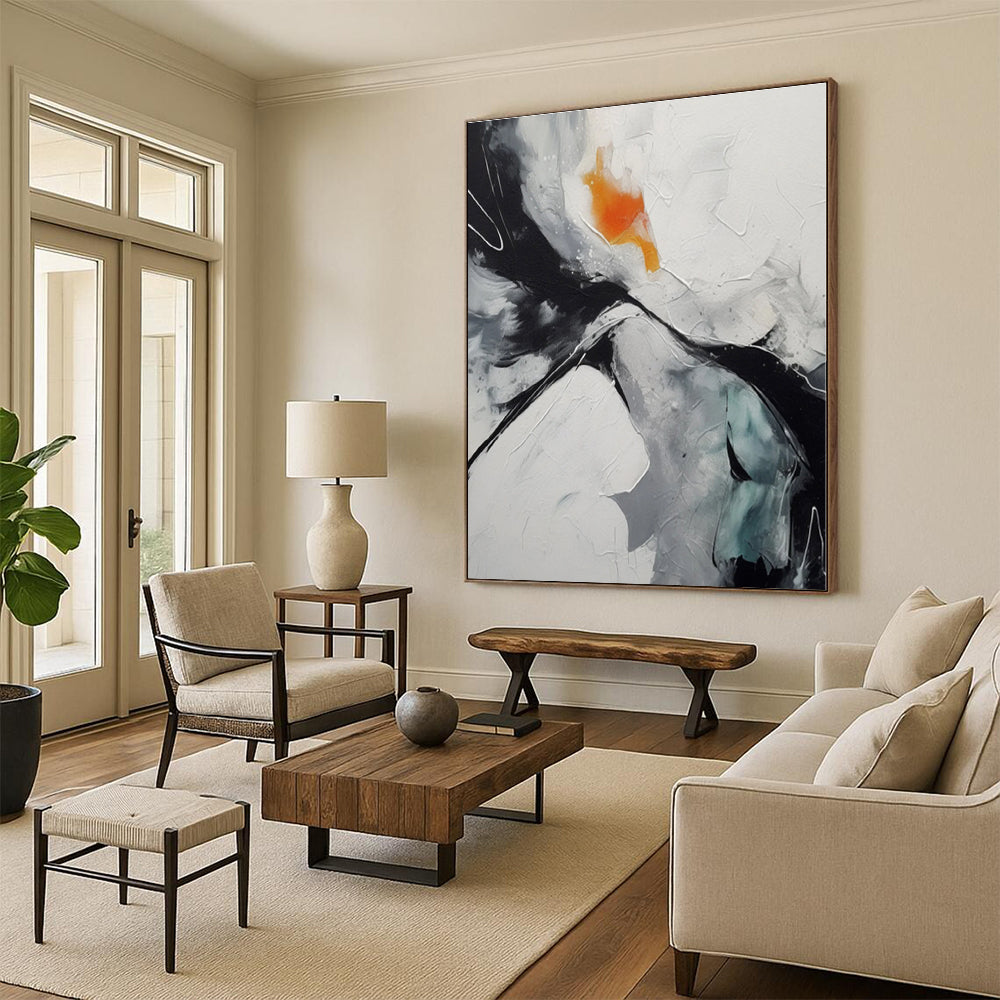 “Black - White - Orange Dynamic Swirl” - Black, White, Orange Abstract Swirl Painting On Canvas PS0571