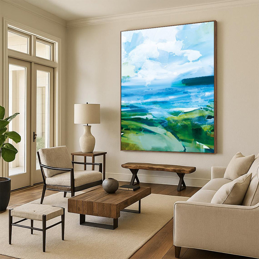 “Vibrant Coastal Abstraction” - Bold Blues & Greens Seascapes Painting On Canvas DS183