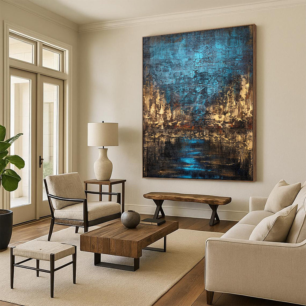 “Blue - Brown Abstract Cityscape” - Oil Painting On Canvas PT2074