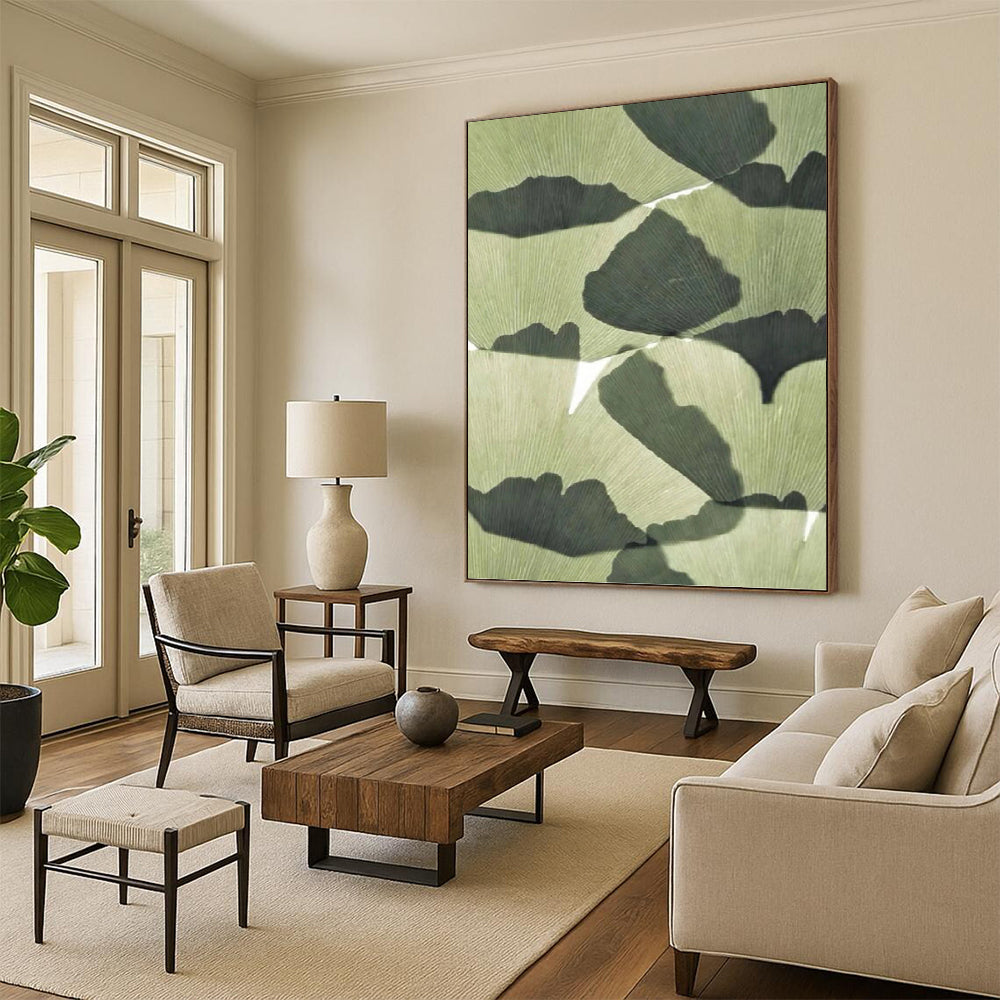 “Ginkgo Leaf Shadows” - Nature - Inspired Leaf Silhouette Painting On Canvas PT1070