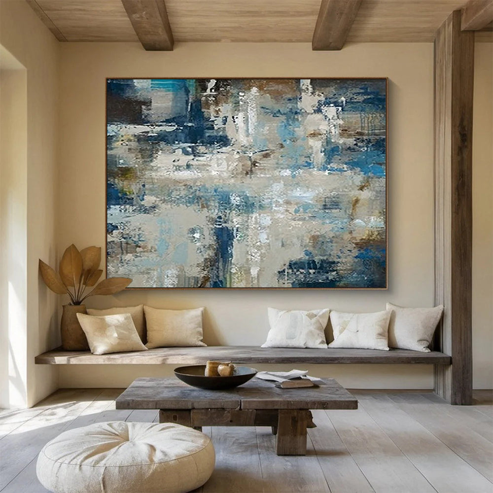 “Abstract Coastal Collage in Blues, Browns & Grays” - Modern Mixed - Media Oil Painting On Canvas PT036