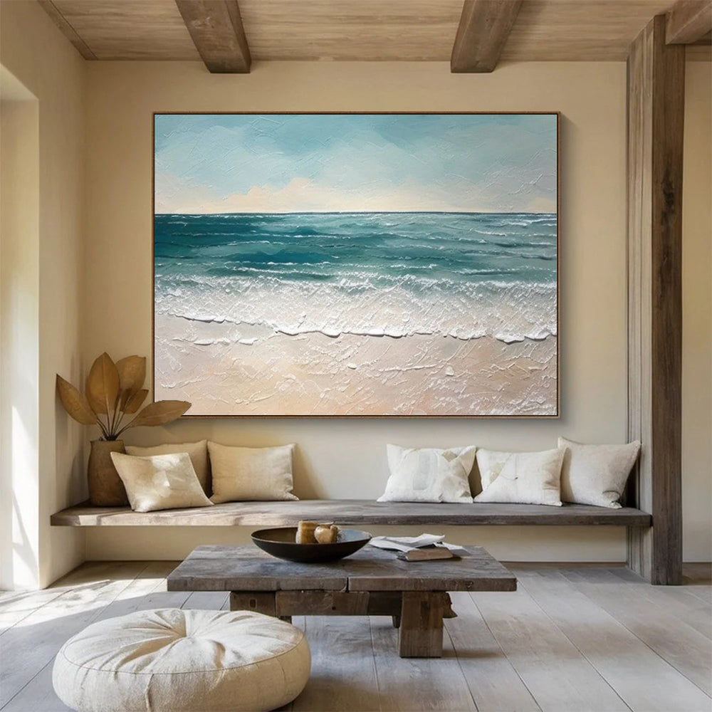 “Textured Seaside in Blues and Beiges” - Impasto Seascape Painting On Canvas PT062