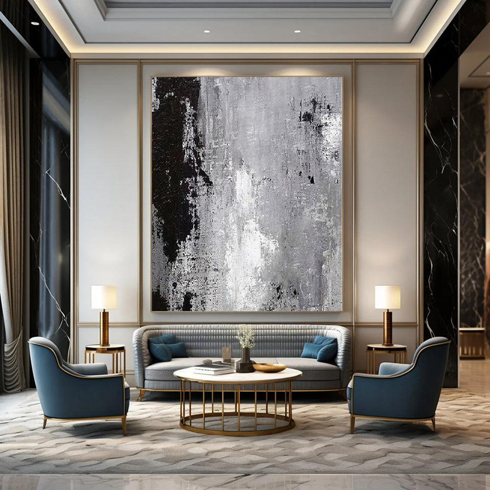 Black, White and Gray with Textured Layers "Urban Grunge" Abstract Painting On Canvas PS1150