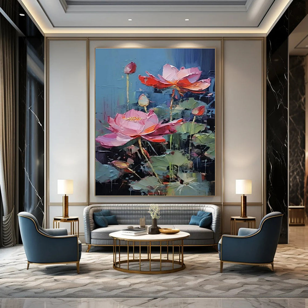 Blue, Pink, Green with Textured Lotus "Vibrant Blooms" Abstract Painting On Canvas PS1436