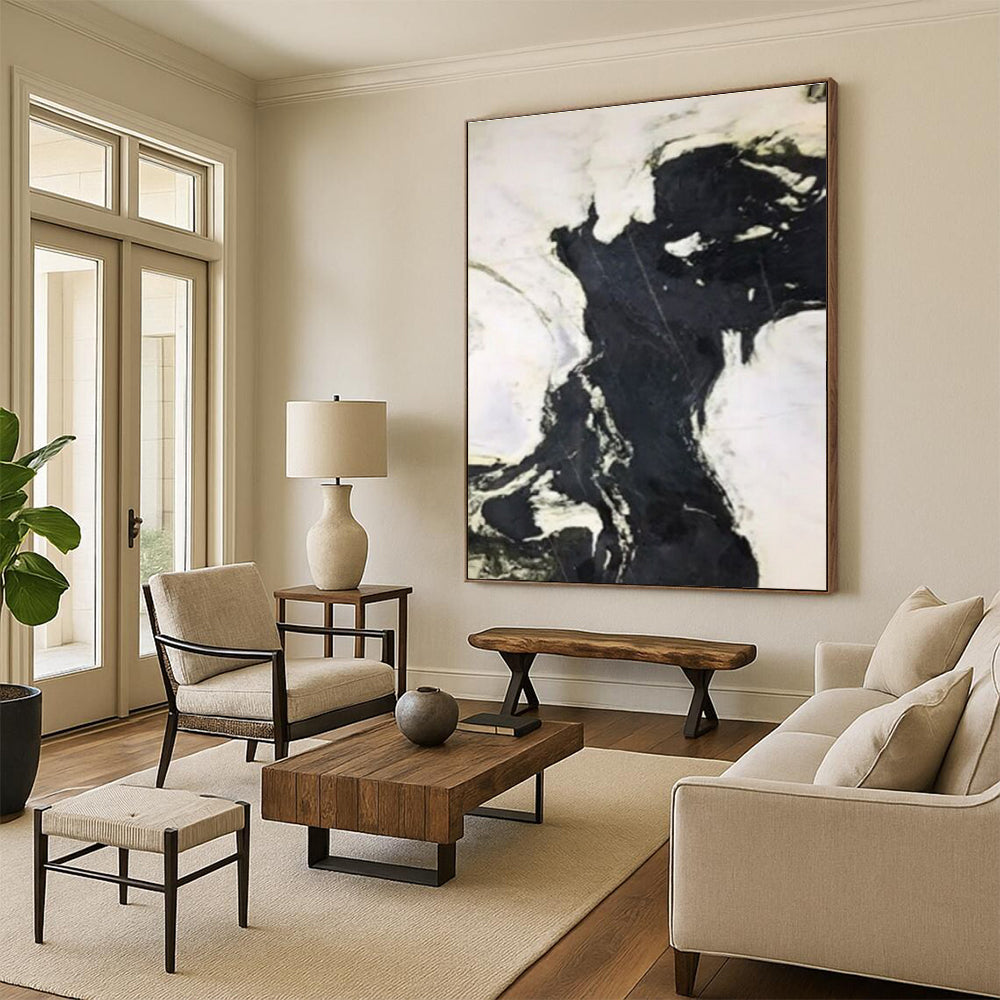 “Black - White Abstract Flow” - Black, White Abstract Expressionist Painting On Canvas PS0733
