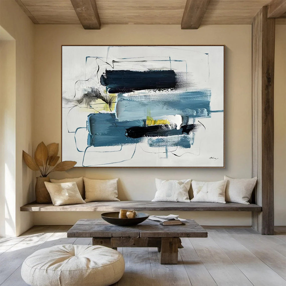 “Blue - Black Abstract Composition” - Modernist Abstract Painting On Canvas PT1561