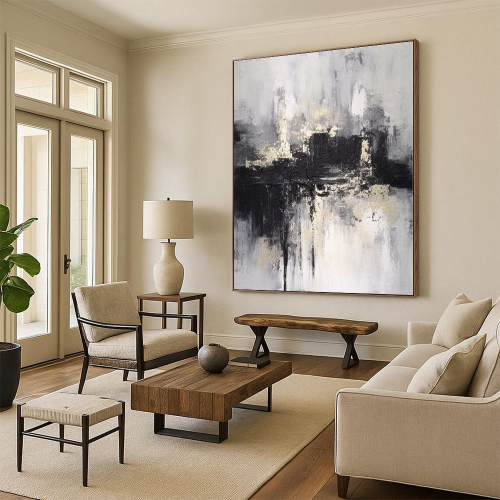 “Monochrome Textured City” - Black, White, Gray Abstract Cityscape Painting On Canvas PS0546