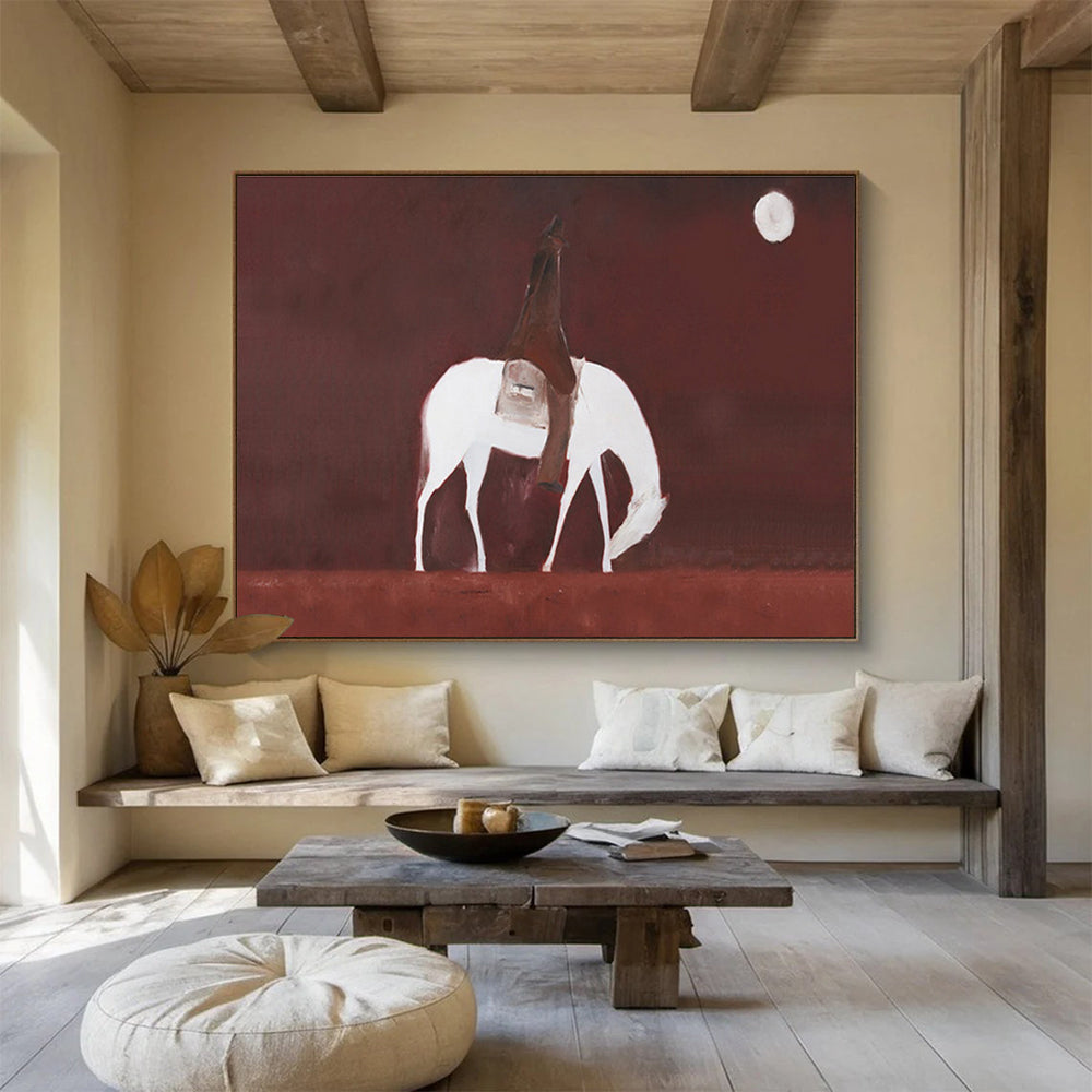 “Moonlit Rider” - Red, White & Brown Figurative, Minimalist Oil Painting On Canvas DKS732