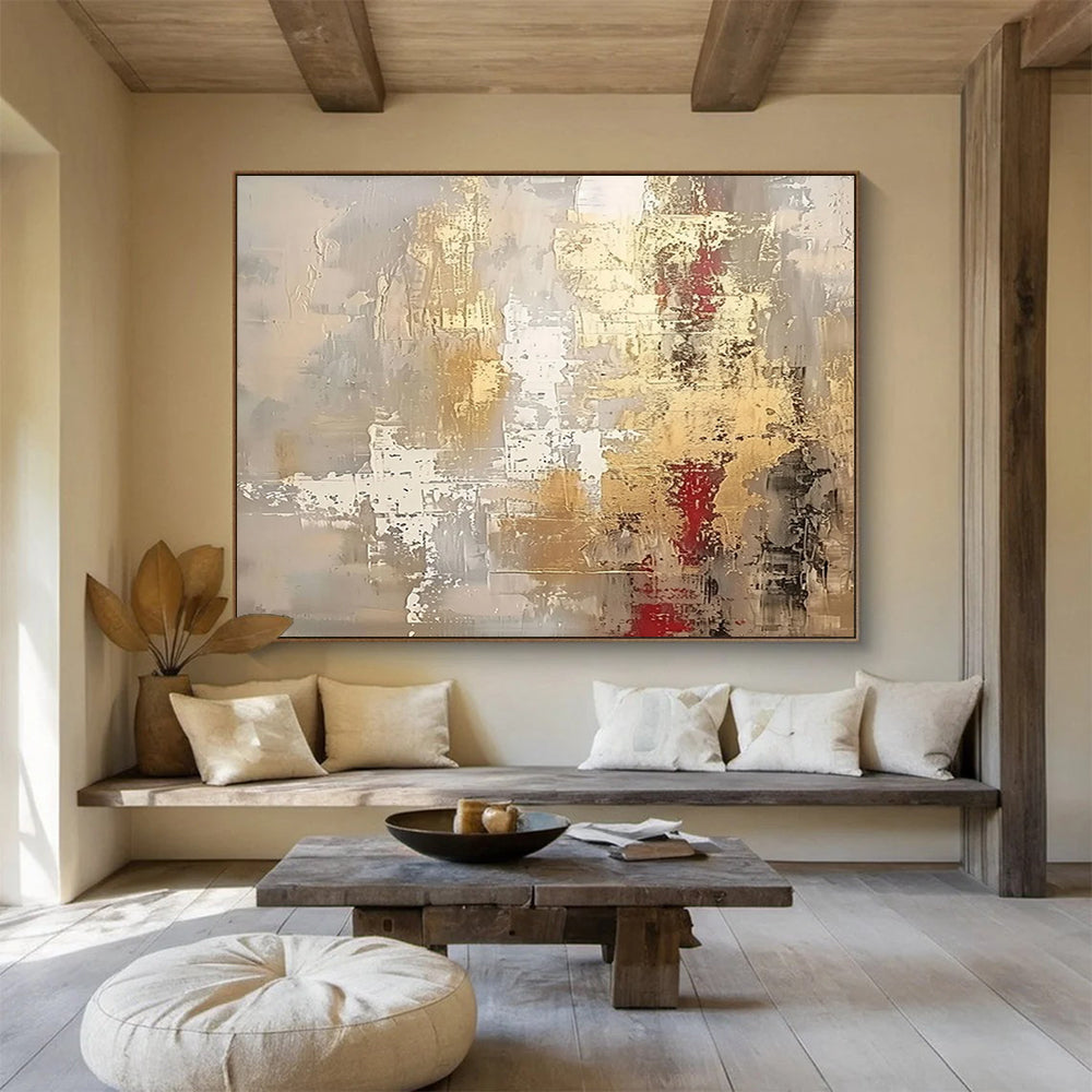 “Elegant Gray & Gold with Red Accents” - Abstract Textured Painting On Canvas PT045