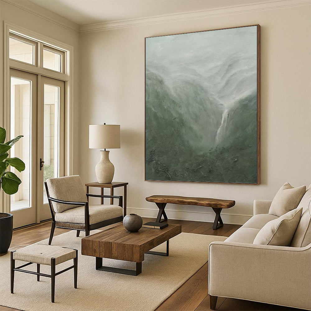 “Misty Mountain Waterfall” - Atmospheric, Landscape Painting On Canvas PT1490