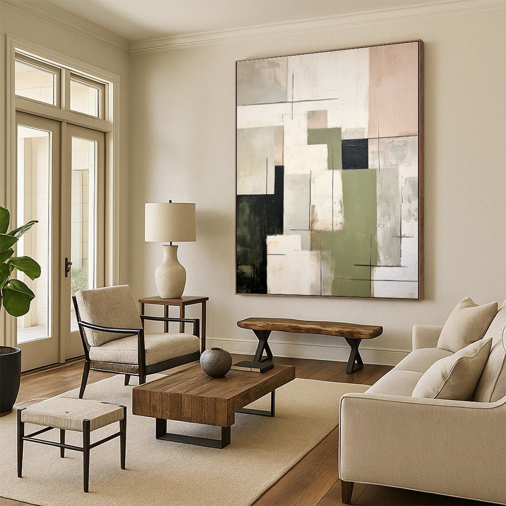 “Mixed Geometric Tones” - Green, Black, Beige Abstract Geometric Painting On Canvas PS0396