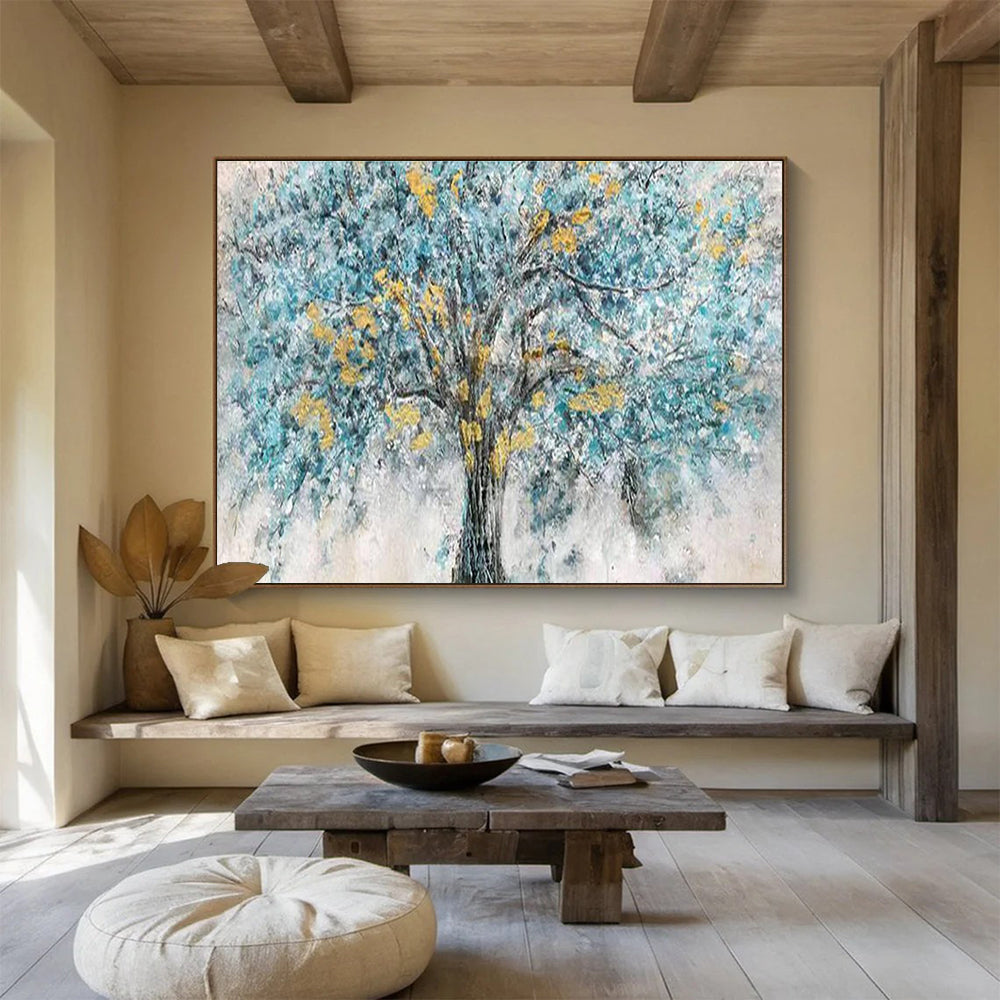 “Blue Tree with Yellow Blossoms” - Abstract Oil Painting On Canvas DKS889