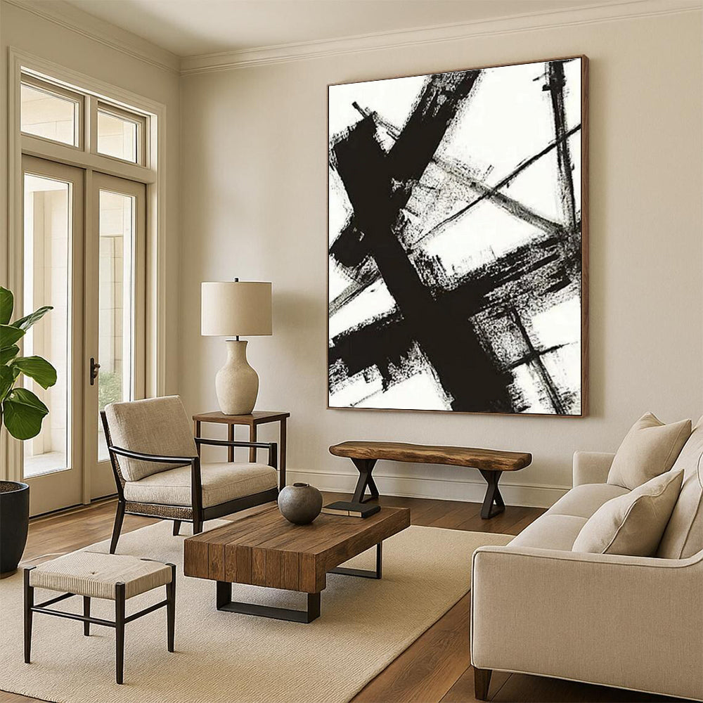 “Monochrome Cross Strokes” - Black, White Abstract Minimalist Painting On Canvas PS0716