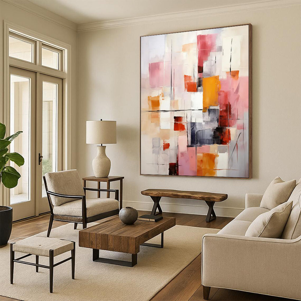 “Pink, Orange, and Gray Abstract” - Modernist Abstract Painting On Canvas PT2278