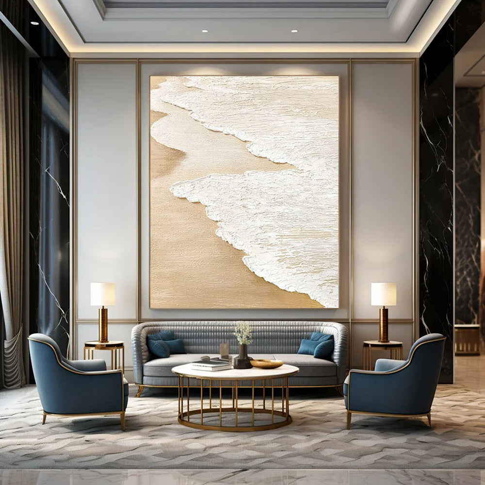 Beige and White Textured "Beach Foam" Impasto Abstract Painting On Canvas PS1101