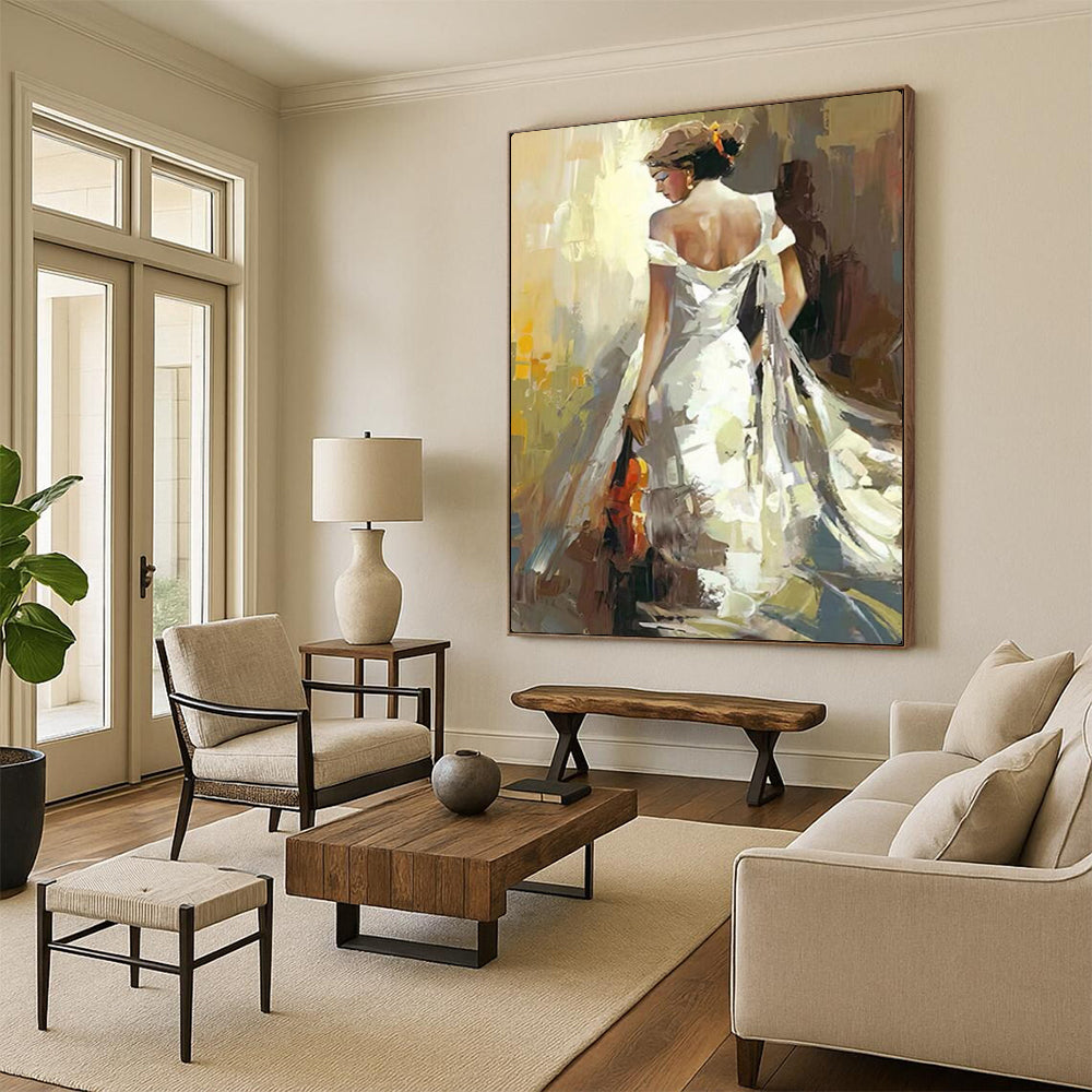 “Woman in White Gown with Violin” - Expressive Oil Painting On Canvas PT2175