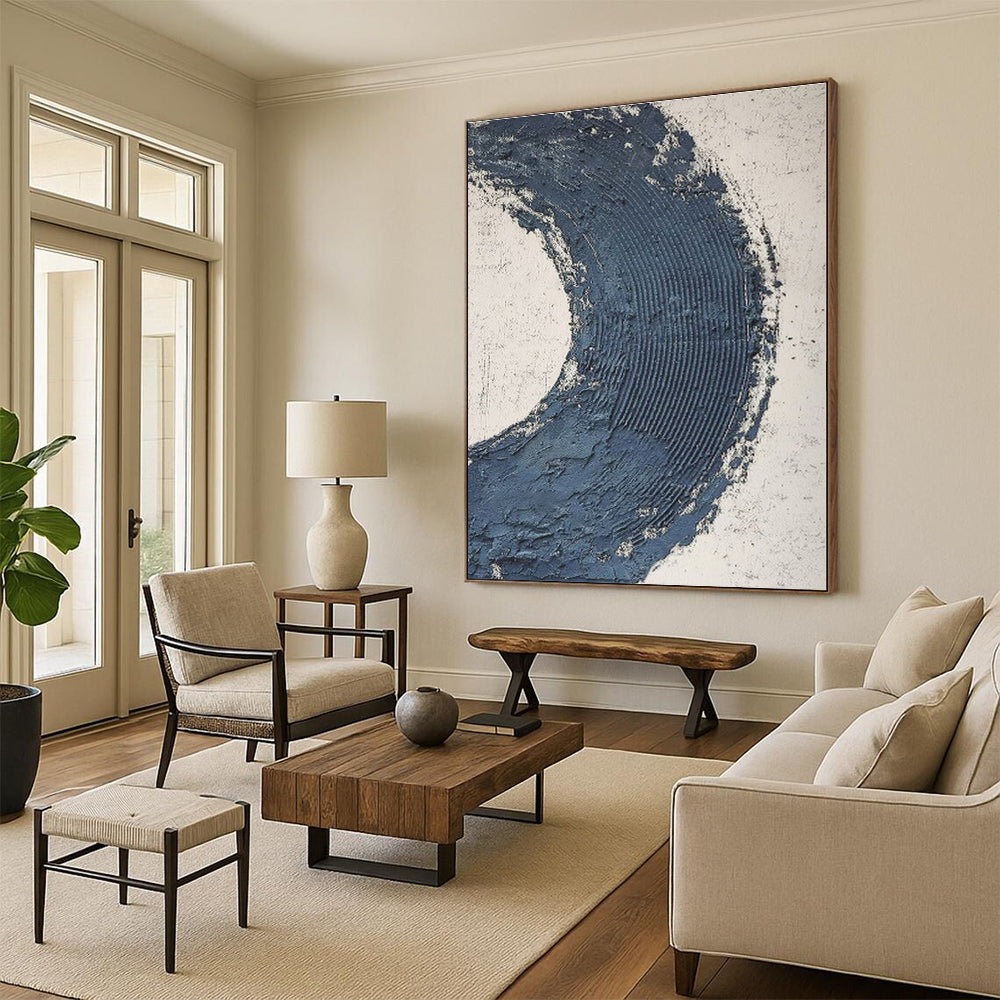“Textured Blue Crescent” - Textured Abstract Painting On Canvas PS0427