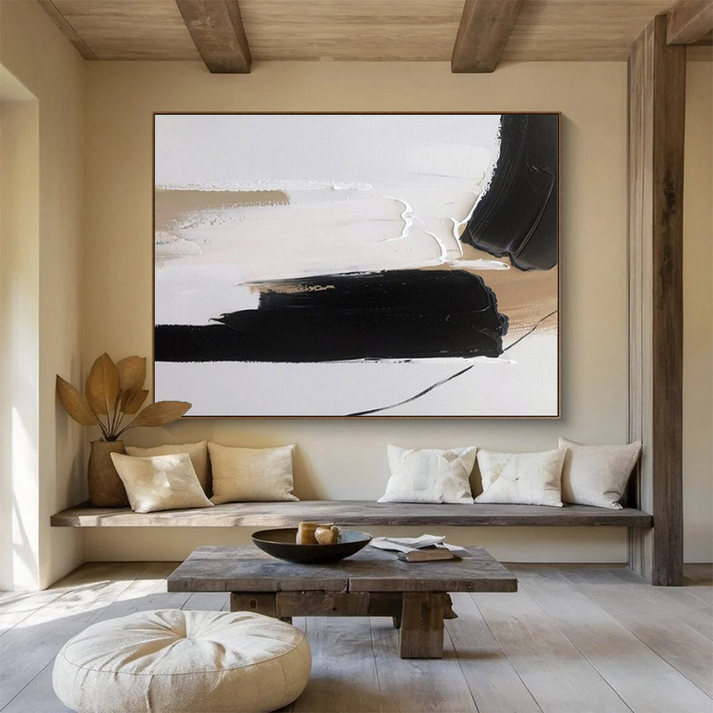 “Black - Beige Minimalist Strokes” - Minimalist Abstract Painting On Canvas PT1563