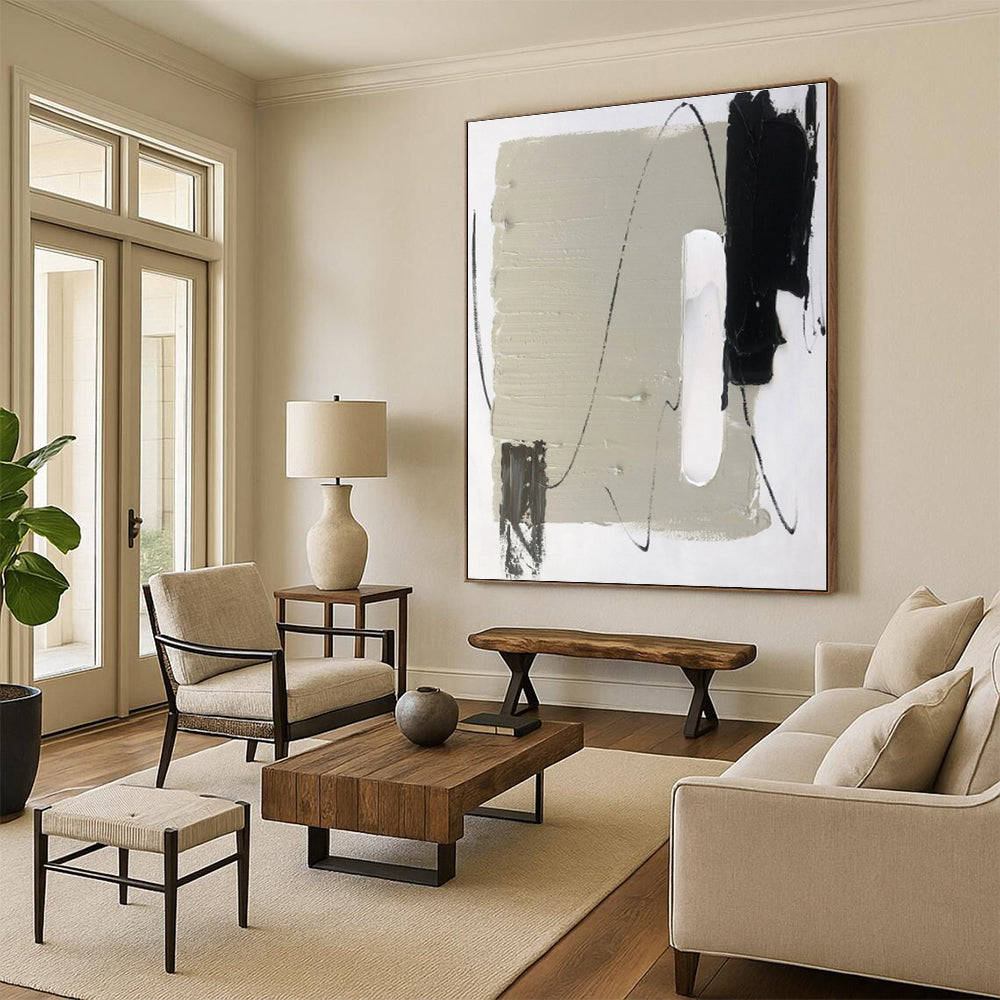 “Gray - Black Minimalist Lines” - Gray, Black, White Abstract Painting On Canvas PS0502