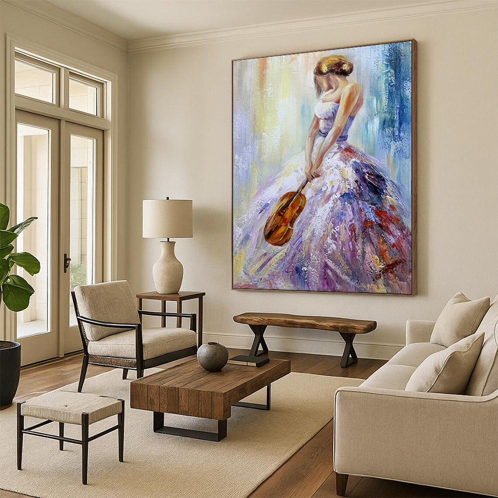 “Woman in Colorful Gown with Violin” - Vibrant Oil Painting On Canvas PT2182