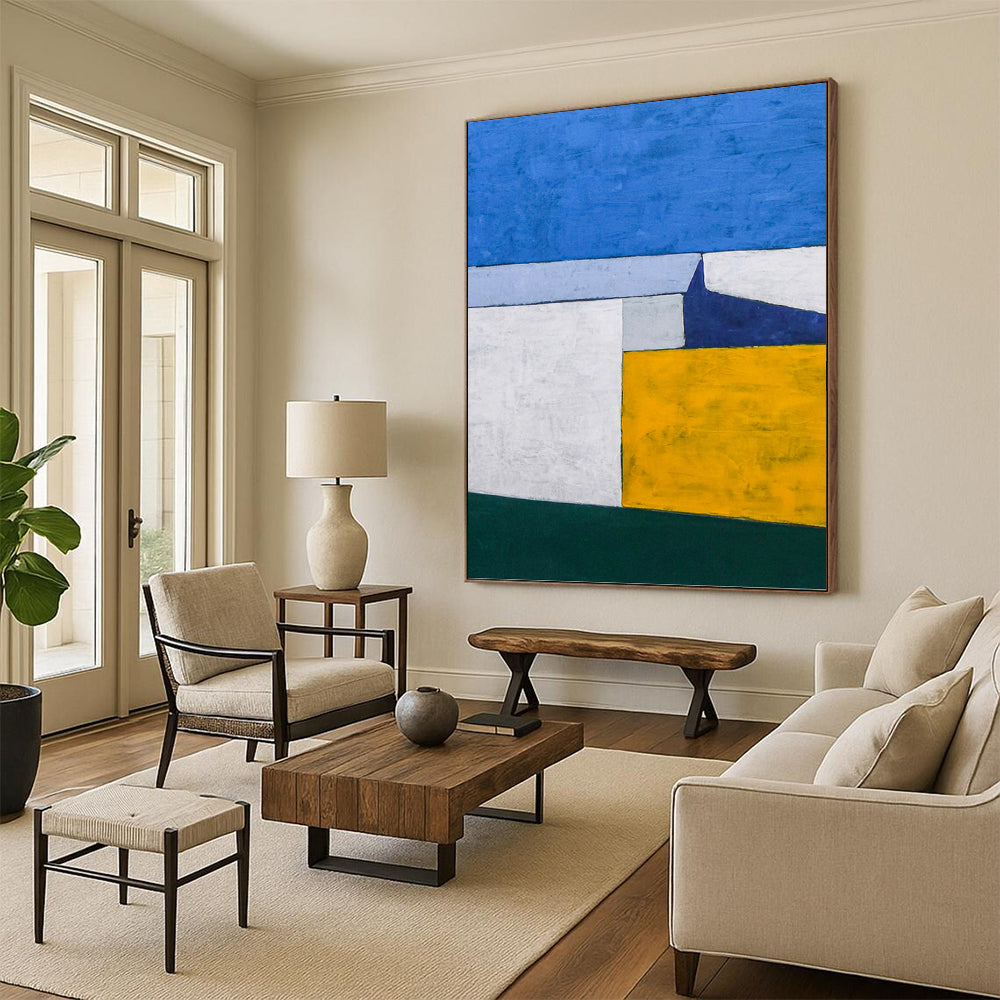 “Blue - Yellow Geometric Blocks” - Clean Lines Abstract Painting On Canvas PT1095
