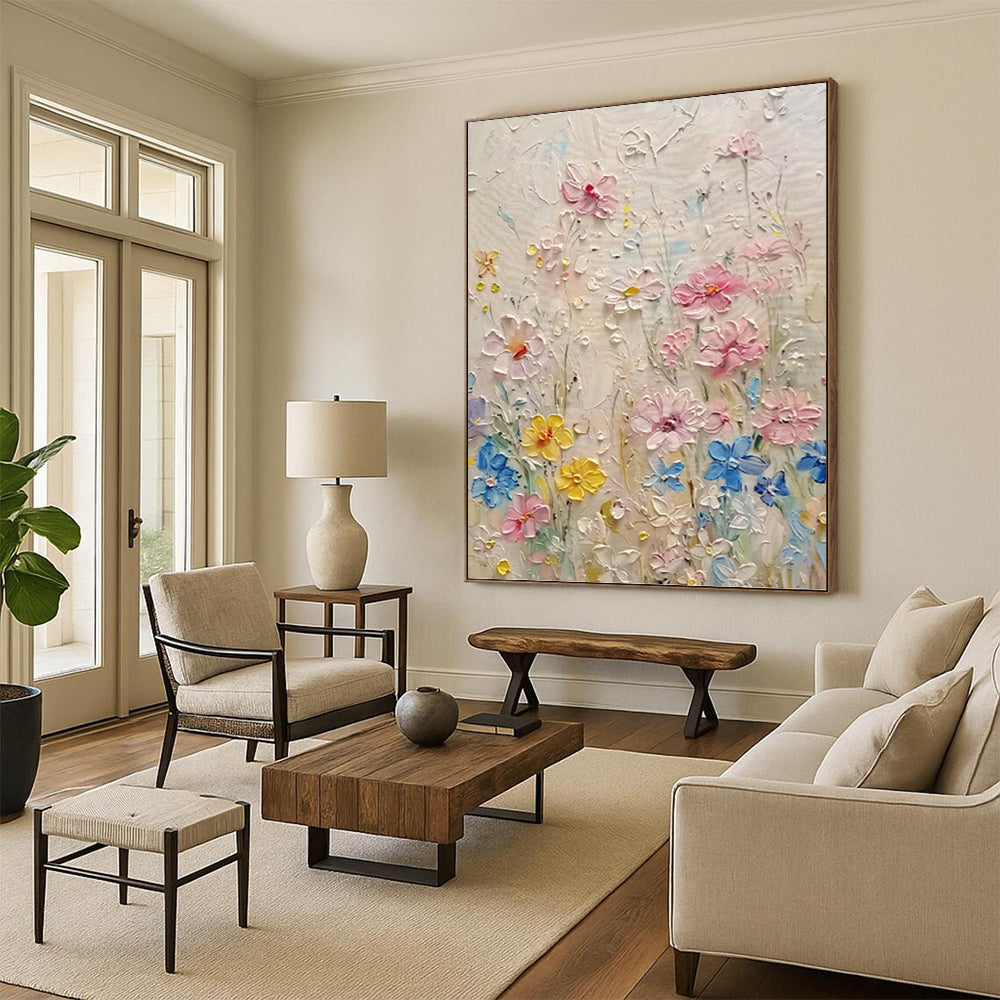 “Textured Colorful Flower Field” - Impasto Botanical Painting On Canvas PT1000
